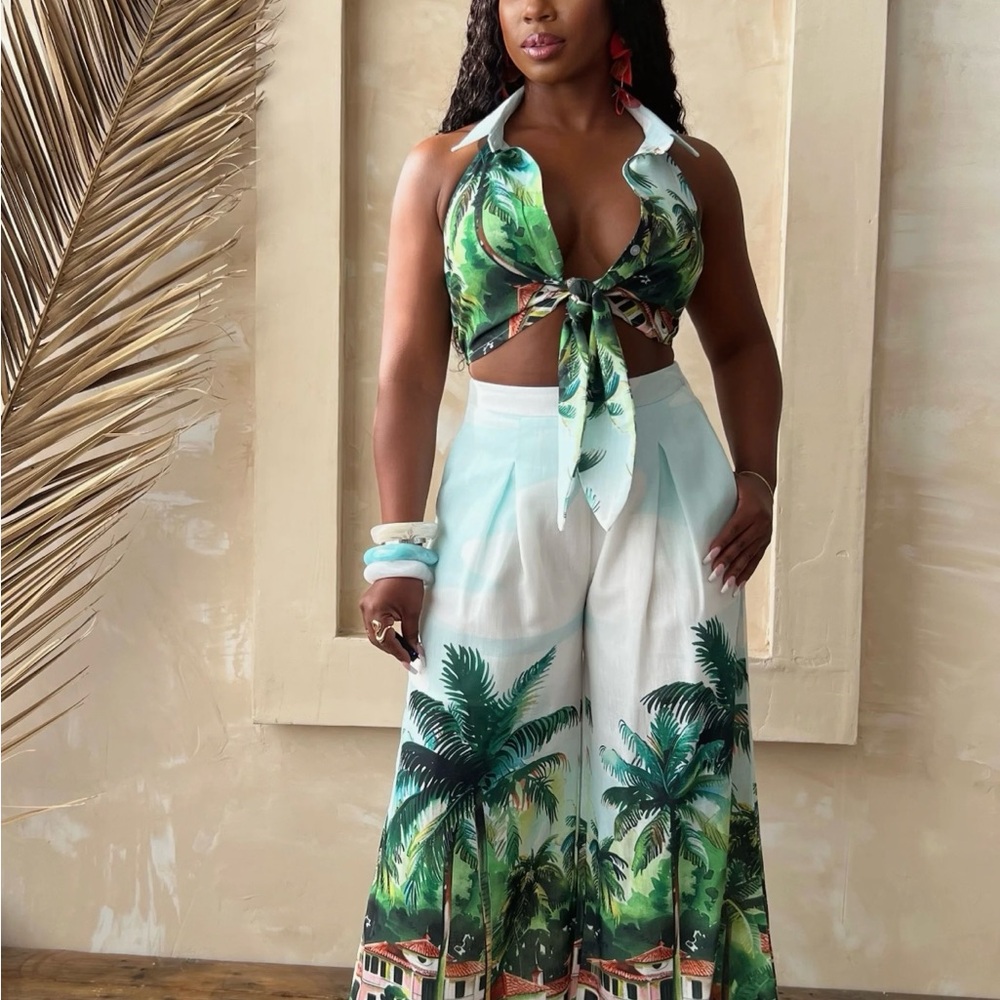 Tropical Print Wide-Leg Jumpsuit